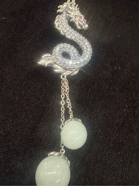 Vintage Silver Dragon Pendant Necklace with Jade Drops